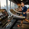 Ilustrasi seseorang berlari di atas treadmill dengan layar menunjukkan angka kalori yang terbakar