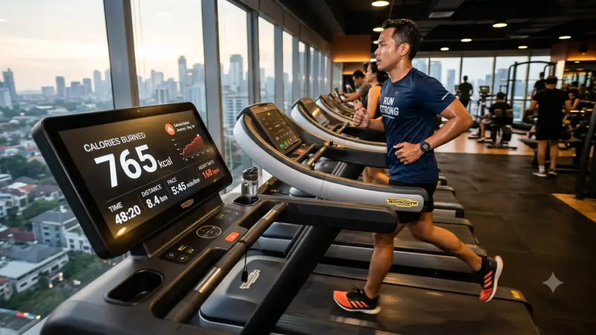 Ilustrasi seseorang berlari di atas treadmill dengan layar menunjukkan angka kalori yang terbakar