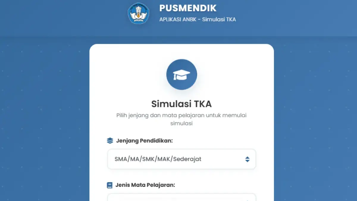 Cara Akses Link Simulasi TKA SMA-SMK 2026, Persiapan Siswa Hadapi Ujian Tampilan laman simulasi TKA SMA-SMK 2026 di situs Pusmendik Kemendikdasmen.